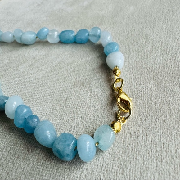 Aquamarine Beaded Necklace 14k Gold Plated Chain 18 Inch - Picture 12 of 17
